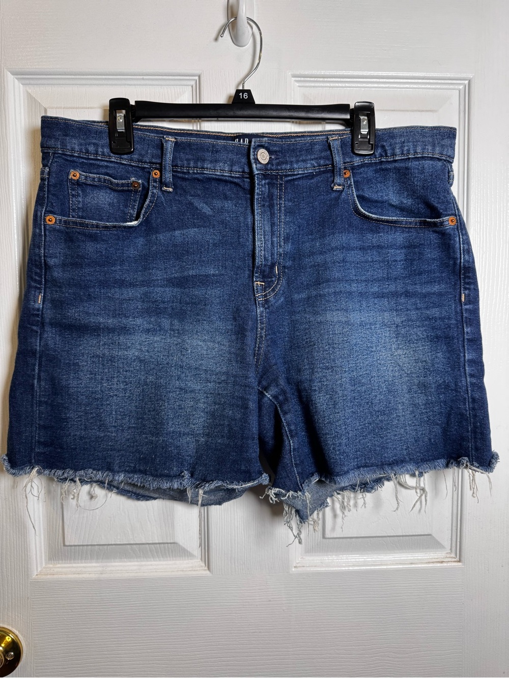 GAP Denim 5” Frayed Hem Jean Shorts Jorts Women’s Size 14 Dark Wash